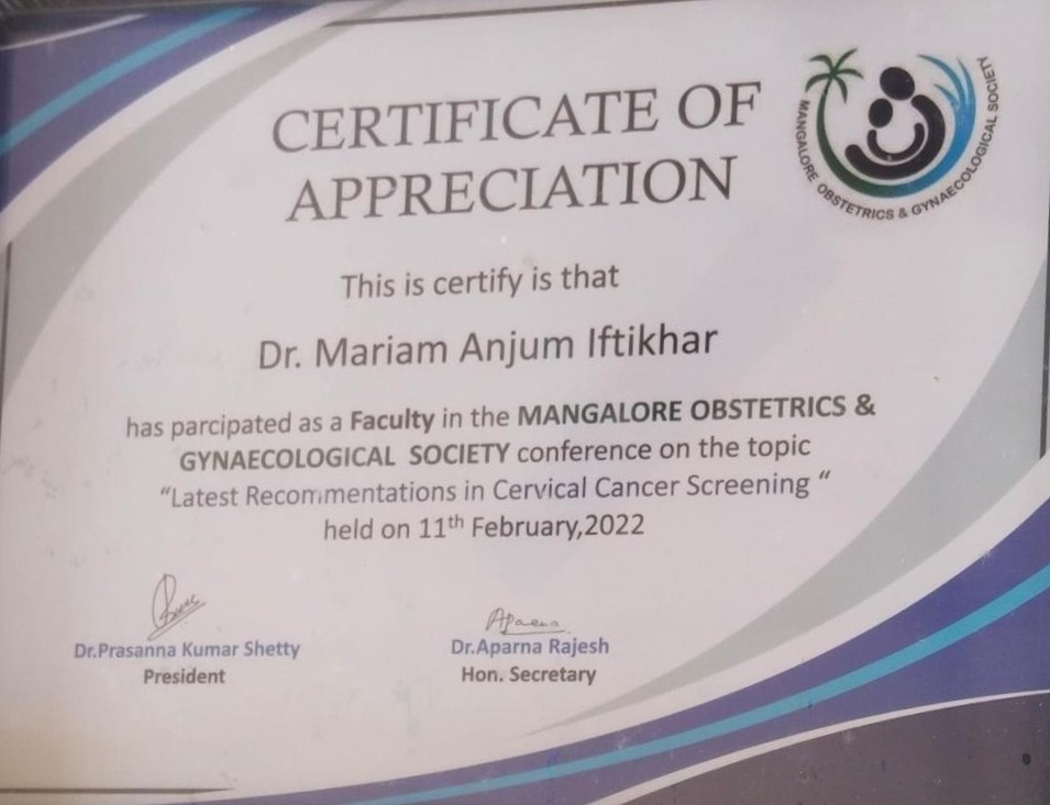 Dr. Mariam Anjum — MOGS — Certificate of Appreciation (2022)